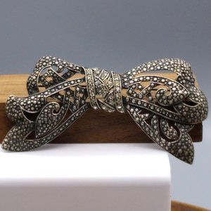 Vintage Openwork Bow Brooch, Silver Tone Victorian Style with Faux Marcasite